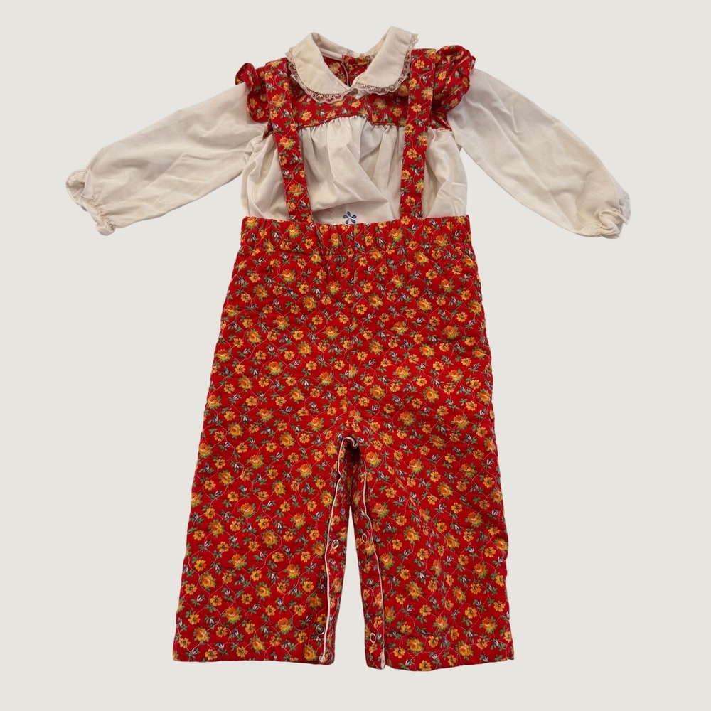 Vintage 1970s Baby Girls 2 Piece Floral Suspender Pants Outfit Approx 12-18M